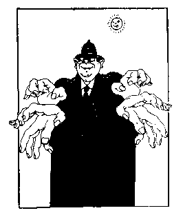 Cartoon of cop extending multiple hands and fingers.