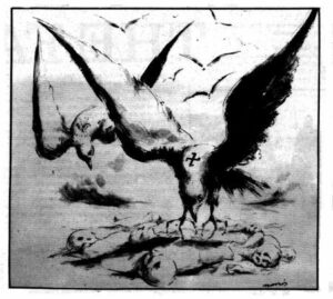 Graphic, Death as eagle standing on skeletons of fascist victims