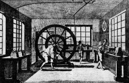 Engraving: early mechanized textile factory