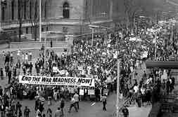 photo caption: Lead contingent in the Fifth Avenue march that brought over 100,000 New Yorkers out to protest the war. A Loyalty Day parade the same day in another part of the city brought out only 2,700 in support of the killing.