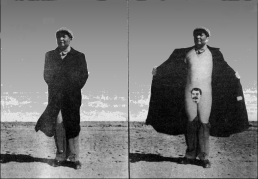 A flash of insight into Maoist "Correct Thought". Two photos of Mao, the one on the left shows him in a trenchcoat; the photo on the right shows him pulling back the coat to expose himself. Instead of genetals there is an image of Josef Stalin.