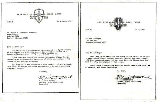 Images of 2 letters from U.S. Gen. Westmoreland to right-wing group Breakthrough, text appears in Issue 56, page 20.