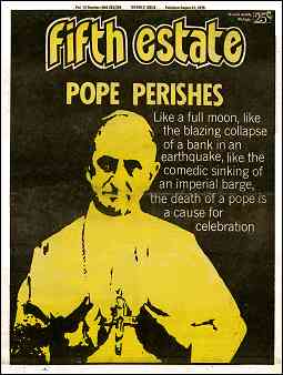 Cover image, Issue 293-294, August 21, 1978 - Fifth Estate Magazine. Yellow image of Pope on black background. Yellow text on black background is rendered in "Pope Perishes" in this issue.