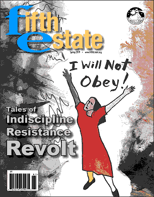 Cover image, Issue 403, Spring, 2019. Drawing shows an exultant woman seemingly floating in air. Caption reads, "I will not obey."