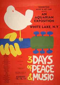 Woodstock poster, 1969, "3 days of peace and music," text is in article, issue 84, page 18
