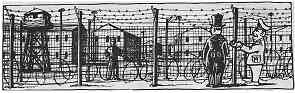 Drawing shows a military officer speaking with a politician outside a barb-wire enclosure with buildings in the background.
