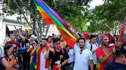Photo shows a joyous crowd in a park setting with rainbow flag prominently displayed.
