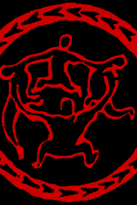 Black & Red books logo depicting red outlines of people dancing in a circle against a black background