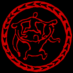 Black & Red books logo depicting red outlines of people dancing in a circle against a black background