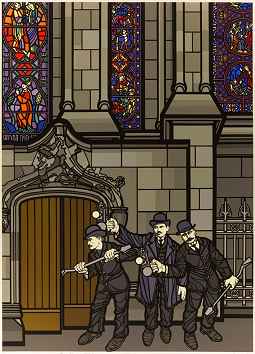 drawing shows four men in suits prying open the door of a cathedral.
