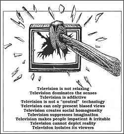Drawing of a sledgehammer being applied to a TV screen. Accompanying text is reproduced in caption.