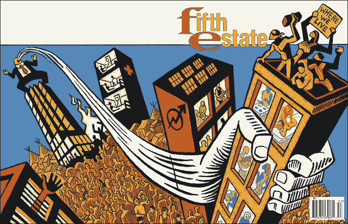 Cover image, Issue 407, Fall, 2020. Front and back page spread featuring a cartoon drawing. The front cover, in righthand portion of image, shows a ghostly gigantic hand gripping a slum apartment building, on the roof of which are seen residents throwing bricks to the street below. A sign reads, "Where We Live." Connected to the ghostly hand and extending left to the back-page portion of the image is a flow of spit emanating from the mouth of a Trump-like figure on the roof of a tall building. The building itself is depicted as surrounded by a large crowd in the streets below. Smoke and flames are visible in the distance.