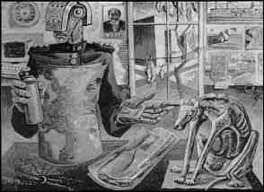 A black-and-white image, a surrealistic interior showing an armored, knight-like man pointing to a nearby dog skeleton. On a wall can be seen the portrait of a balding man, possibly V.I. Lenin.