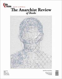 Cover image, Issue 408, Winter, 2021, Anarchist Review of Books. Features "Is she guilty because she ran" by Ben Durham, ink and graphite portrait on handmade paper and steel chain-link fence