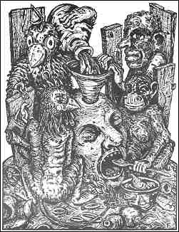 Black and white drawing shows small, grotesque figures spoon-feeding a large head. Liquid is being poured through a funnel into the top of the head. Unattributed.