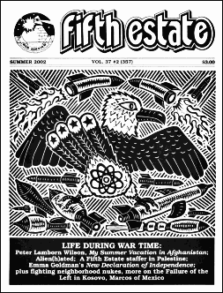 Cover image, Issue 357, Summer 2002. Headline reads, "Life During Wartime," The cover features a linocut by Richard Mock depicting an eagle surrounded by rockets and nuclear weapons.