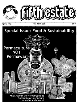 Cover image, Issue 360, Spring, 2003. A collage shows a woman sitting cross-legged with a bowl before a city skyline. An imaginary creature looms over all in the background. Main headline reads, "Special issue: Food and Sustainability."