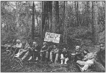 Photo shows a group of protesters in a forest. A sign reads, "Money isn't everything."