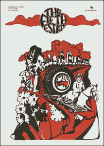 Cover image, Issue 76, April 3-16, 1969. Features a red, white and black cartoon depicting Detroit's past and present, including a conquoring cavalryman and symbols of dominance of the automobile.