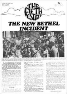 Cover image, Issue 77, April 17-30, 1969. Headline reads, "The New Bethel Incident," photo of angry protesters at a rally. Text of article is below.