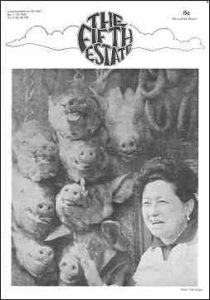 Cover, Fifth Estate Issue 78, May 1-14, 1969. An uncaptioned black-and-white photo shows several pig snouts, probably dead; in the foreground stands a distressed-looking young man, possibly Vietnamese.