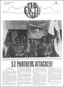 Cover image, Issue 79, May 15-28, 1969. Photo of Black Panther Party members with "Free Huey" banner, above page-one story, headlined "S.F. Panthers Attacked!"