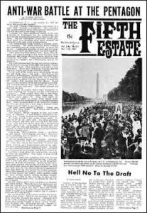Cover image, Issue 41, November 1-15, 1967, showing feature stories, "Anti-war Battle at the Pentagon" and "Hell No to the Draft." Photo shows tens of thousands of protesters on the Mall in Washington D.C. on October 21, 1967.