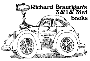 Cartoon shows automobile with sign, "Parumba's Shell Service"