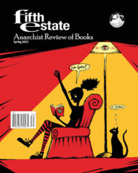 Cover, Issue 413, Spring, 2023. A cartoon shows a young woman reading a book with a circle-A on its cover. As she reads she is raising a fist in the air. A speech baloon reads, "No Gods!" Nearby, a black cat is shown, with its speech baloon reading, "No Masters!"