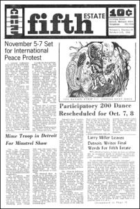 Cover image, Issue 15, October 1-15, 1966. Shows page-one stories: November 5-7 Set for International Peace Protest; Larry Miller Leaves Detroit; Mime Troop in Detroit For Minstrel Show