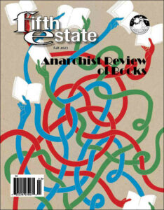 Cover image, Issue 414, Fall 2023. A semi-abstract design shows red, green and blue curving thick lines terminating in hands that hold various sheets of white paper (credit: Josh MacPhee)