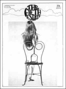 Cover image, Issue 98, February 4-18, 1970. No text. Photo showing the rear view of a nude young woman sitting on a wire-back chair.