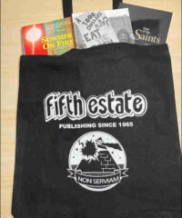 Photo of Fifth Estate book bag, black with Non Serviam FE logo