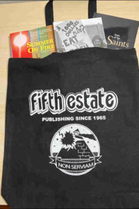 Photo of Fifth Estate book bag, black with Non Serviam FE logo