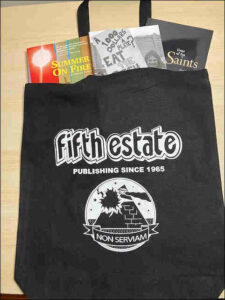 Photo of Fifth Estate book bag, black with Non Serviam FE logo