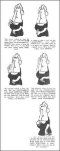 Cartoon, text is included in article "Five-panel graphic." The Cartoon panels show a middle aged chubby woman gesturing with her hands and body