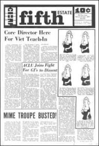 Cover image, Issue 17, November 1-15, 1966; features page one stories: ACLU Joins Fight for GIs to Dissent; Core Director Here For Viet Teach-In; Mime Troupe Busted plus five-panel graphic