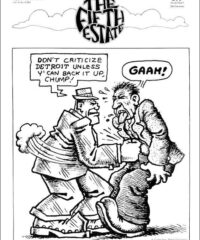 Poster Image, R. Crumb cartoon, "Don't criticize Detroit!" FE Issue 86 cover.
