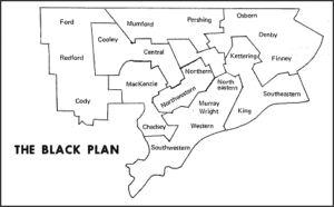 The Black Plan, proposed map for Detroit public schools, 1970. See "Crisis in the Schools" issue 104.